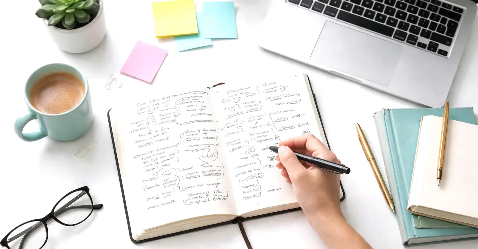 Notebook with handwritten plans, sticky notes and a laptop on a desk
