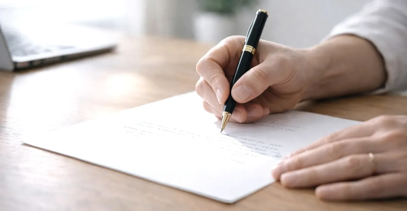 A clinician writing a report by hand at a desk