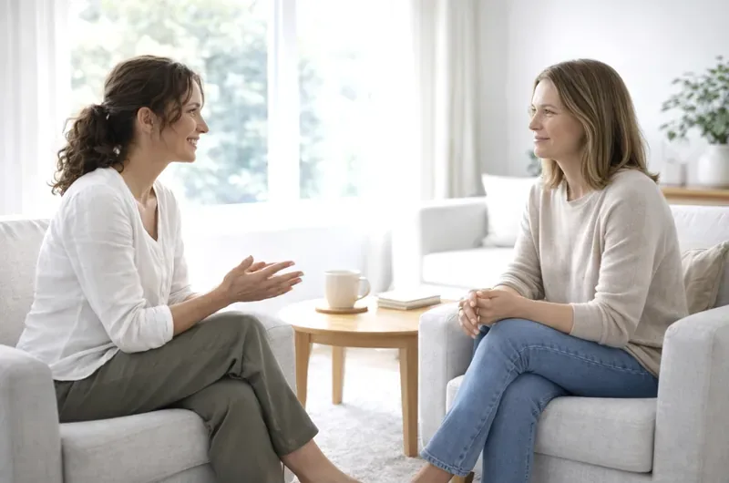 Two people in conversation in a bright room