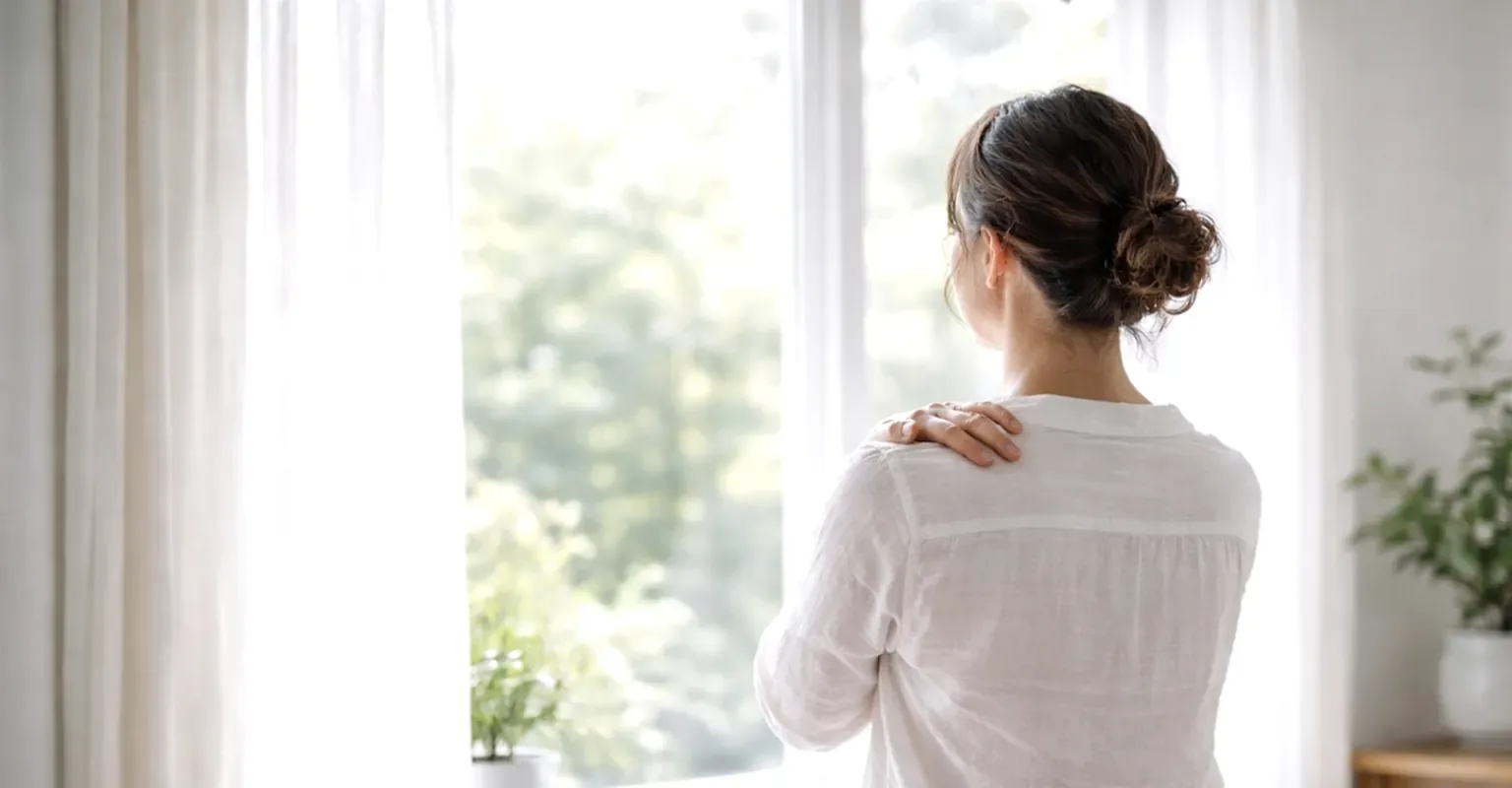 A woman holding her shoulder, looking out of a bright window