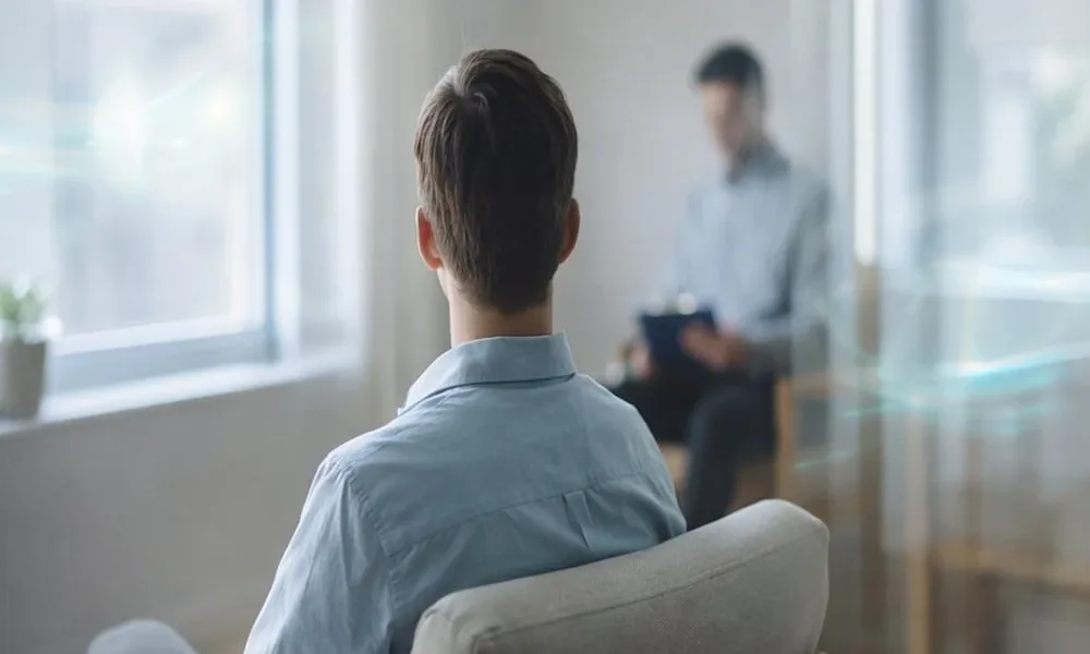 A man sitting in a softly lit room, his view slightly blurred