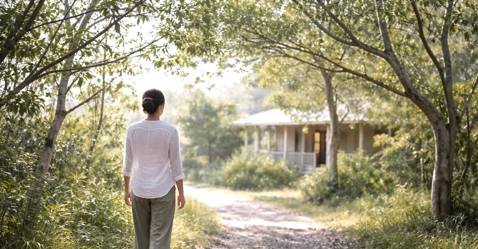 A woman walking along a tree-lined path in morning light