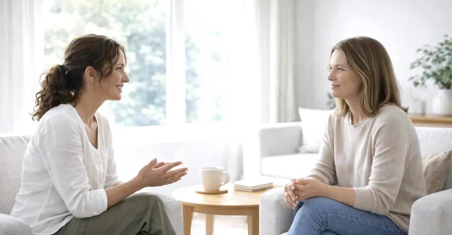 Two women talking in a bright consulting room