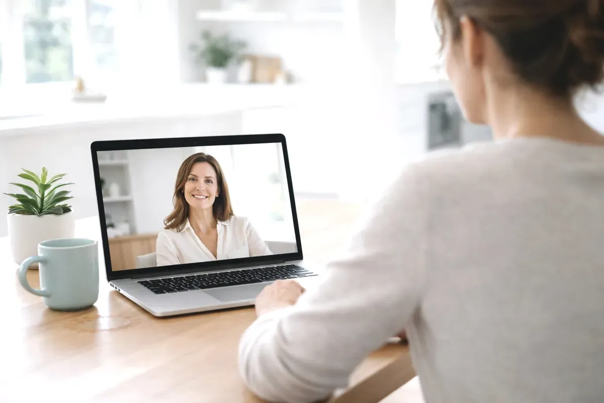 A woman on a Telehealth video call with her clinician