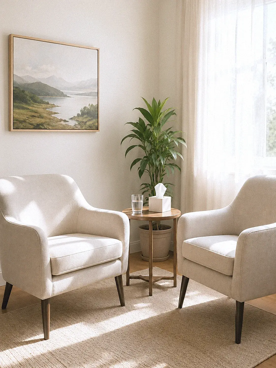Calm consulting room with two armchairs in warm afternoon light
